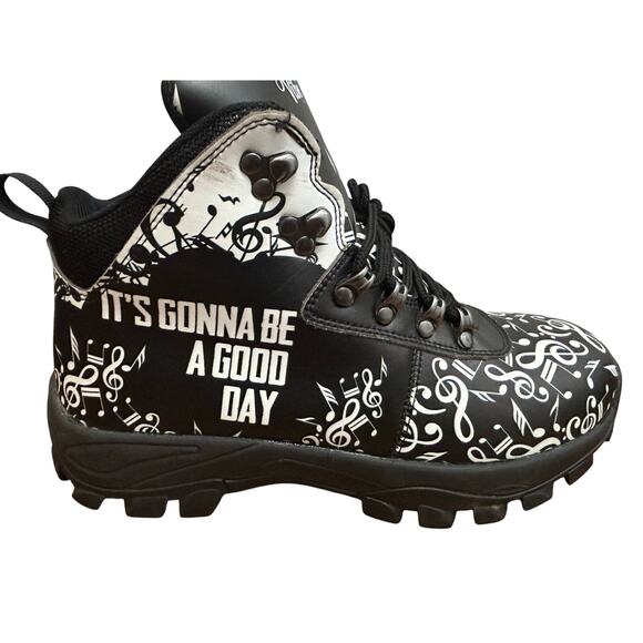 Yes We Vibe Music Note Combat Boots Black White NEW It’s Gonna Be a Good Day - Picture 1 of 6